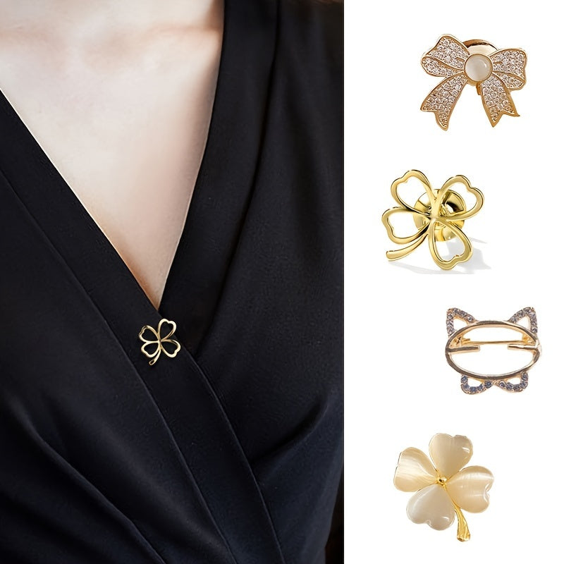Four Leaf Clover Brooch Metal Lapel Strap Pin Fixed Lucky Clover Bow Knot Pin