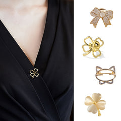 Four Leaf Clover Brooch Metal Lapel Strap Pin Fixed Lucky Clover Bow Knot Pin