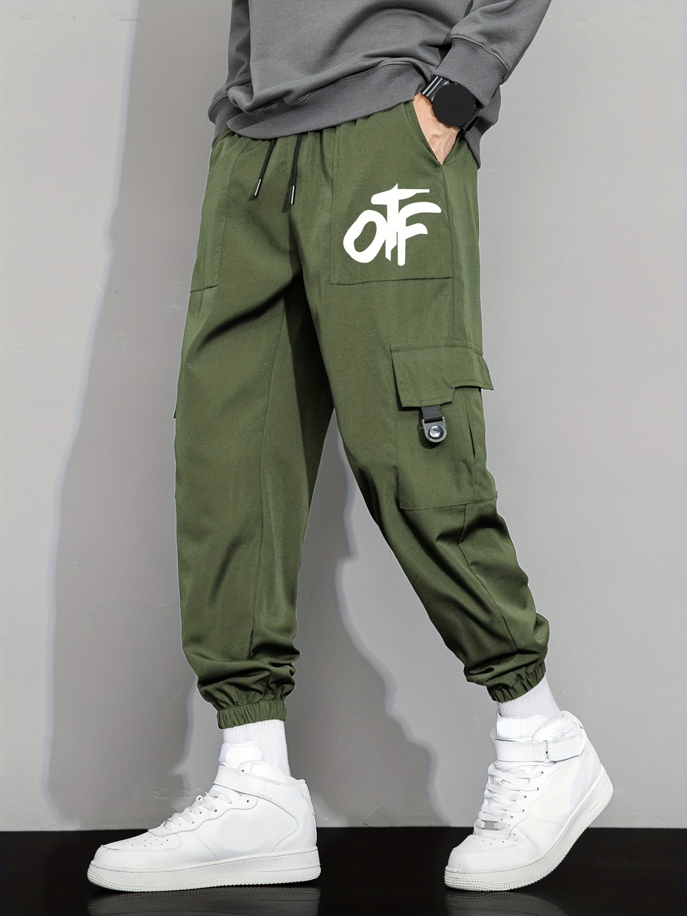 Casual Letter Print Cargo Pants with Drawstring