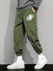 Casual Letter Print Cargo Pants with Drawstring