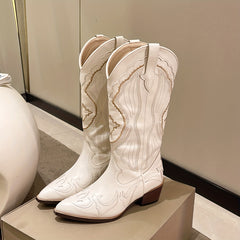 Women's Embroidered Pattern Boots Slip On Point Toe Casual Block Heel Boots