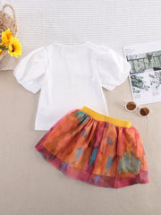 2pcs Toddler Girls Puff Sleeve T shirt & Tie Dye Mesh Skirt Set