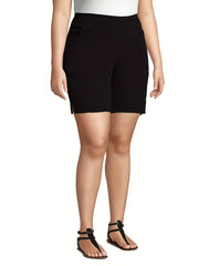 Solid High Rise Stretch Shorts With Pockets