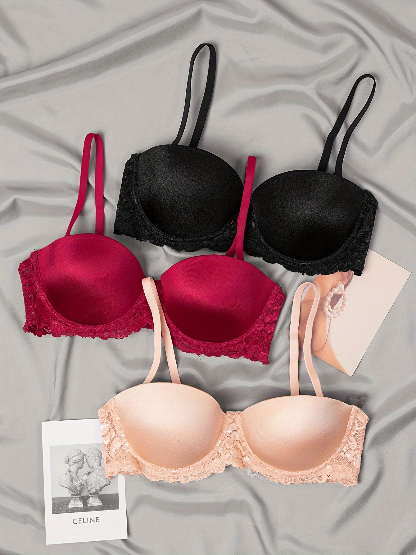 3pcs Lace Balconette Bras Push Up Bra Women's Lingerie