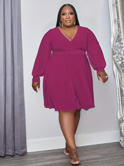 Women's Plus Solid Lantern Sleeve V Neck Flare Dress With Belt
