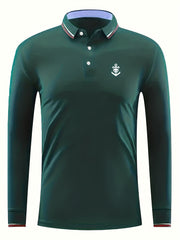 Skull Anchor Print Men's Polo Shirt Lightweight Long Sleeve Top