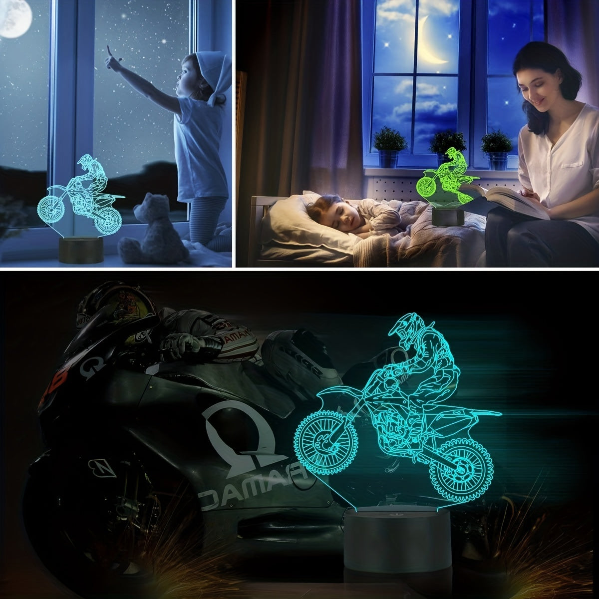 Dirt Bike Night Light 3D Illusion LED Light Kids Room Decor Lamp