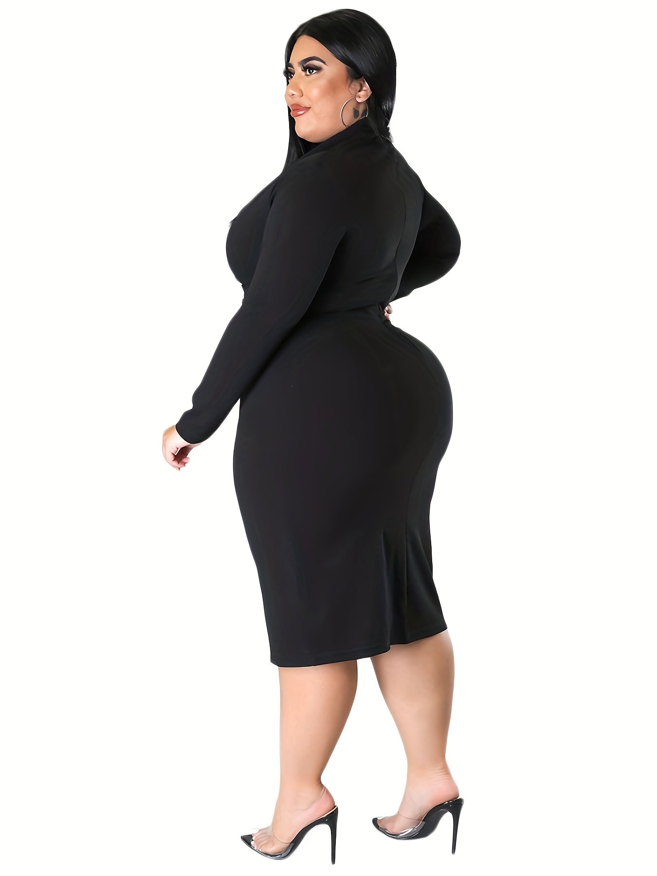 Solid Long Sleeve V Neck Midi Slim Fit Dress