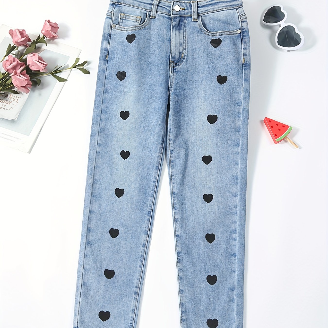Girls Heart Print Stretch Jean Denim Pants with Pocket
