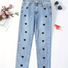 Girls Heart Print Stretch Jean Denim Pants with Pocket