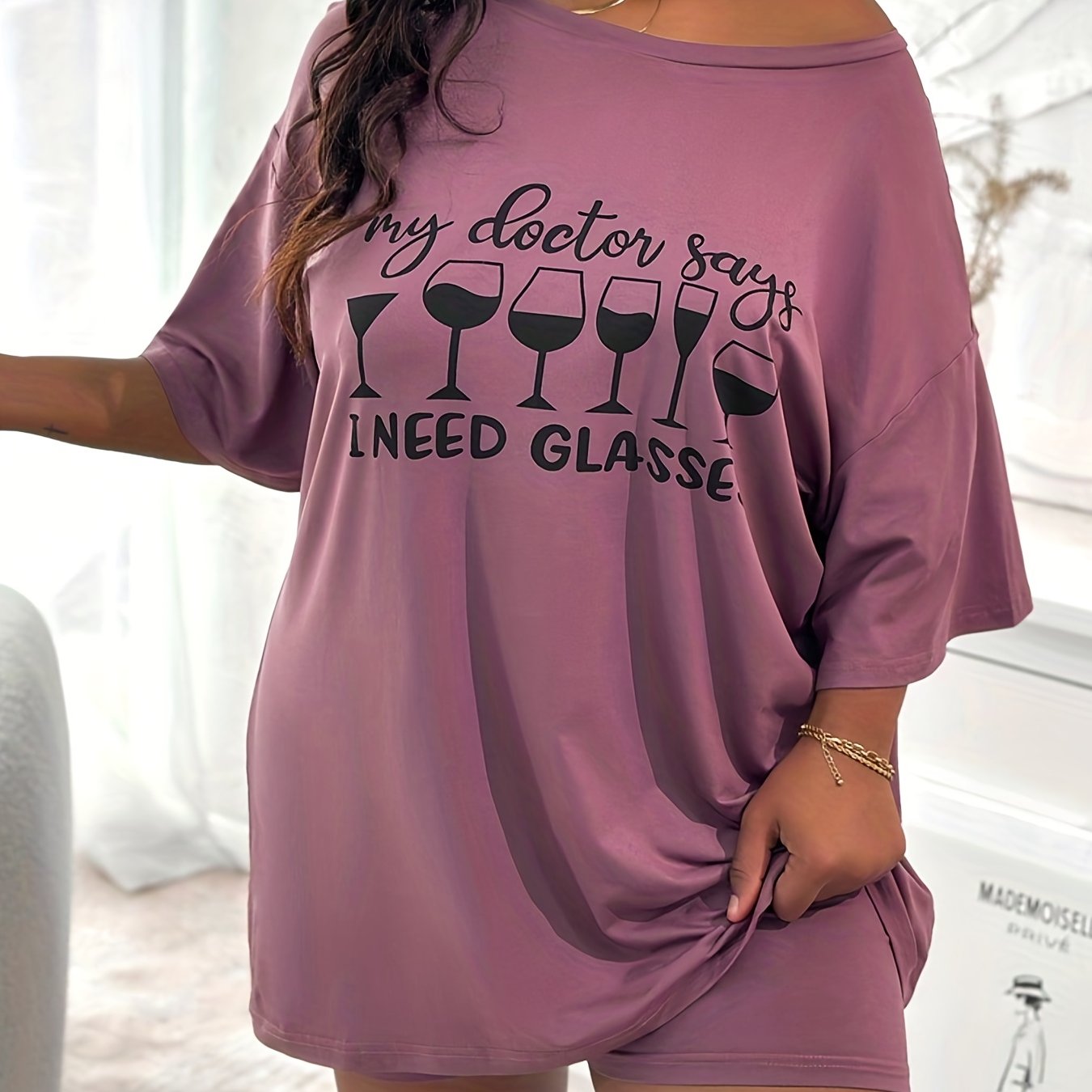 Women's Plus Size Wine Glasses Print Tee & Shorts Pajama Set