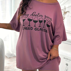 Women's Plus Size Wine Glasses Print Tee & Shorts Pajama Set