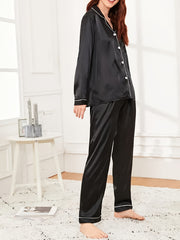 Solid Satin Lounge Set Long Sleeve Top & Pants Women's Loungewear