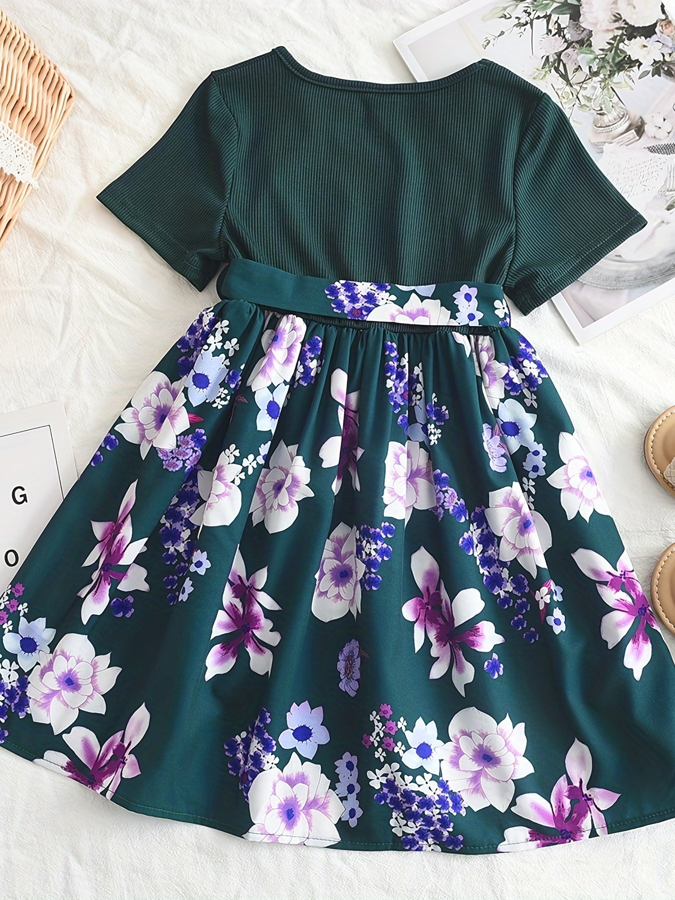Floral Print Belted Dress Short Sleeve Round Neck A Line Flared Dresses