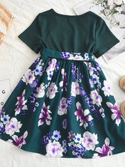 Floral Print Belted Dress Short Sleeve Round Neck A Line Flared Dresses