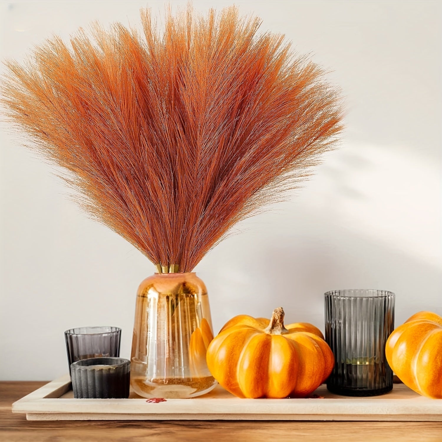 6pcs Orange Pampas Grass Decor Faux Burnt Orange Fall Boho Wedding