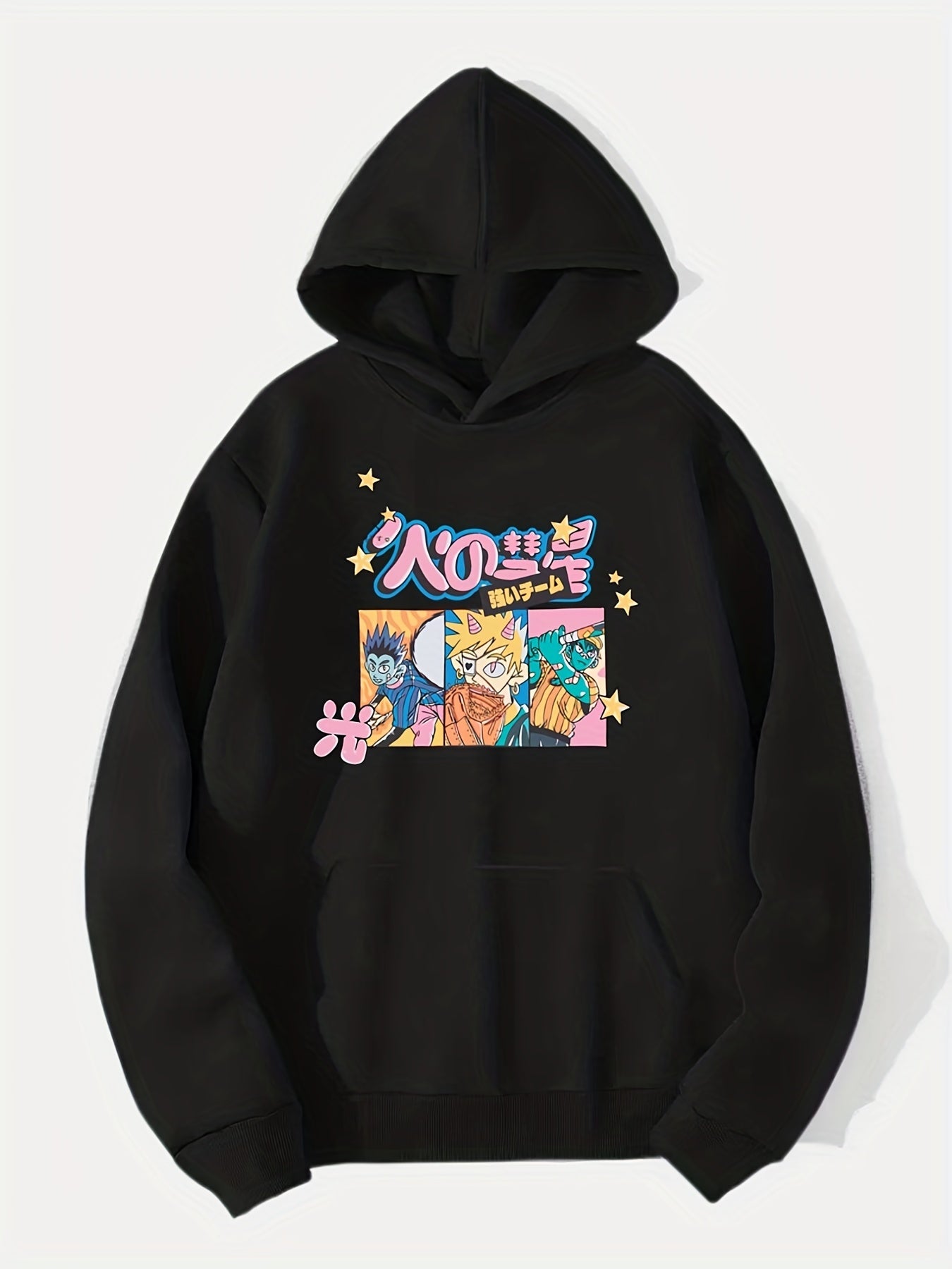 Anime Boy & Japanese Character Print Hoodie for Men