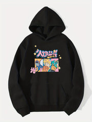 Anime Boy & Japanese Character Print Hoodie for Men