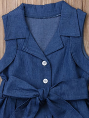 Girls Denim Romper Belted Jumpsuit & Headband Set