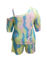 Tie Dye One Shoulder Tee & Shorts Pajama Set