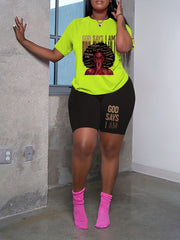 Plus Size Casual Two Piece Set: Figure & Letter Print Tee & Shorts