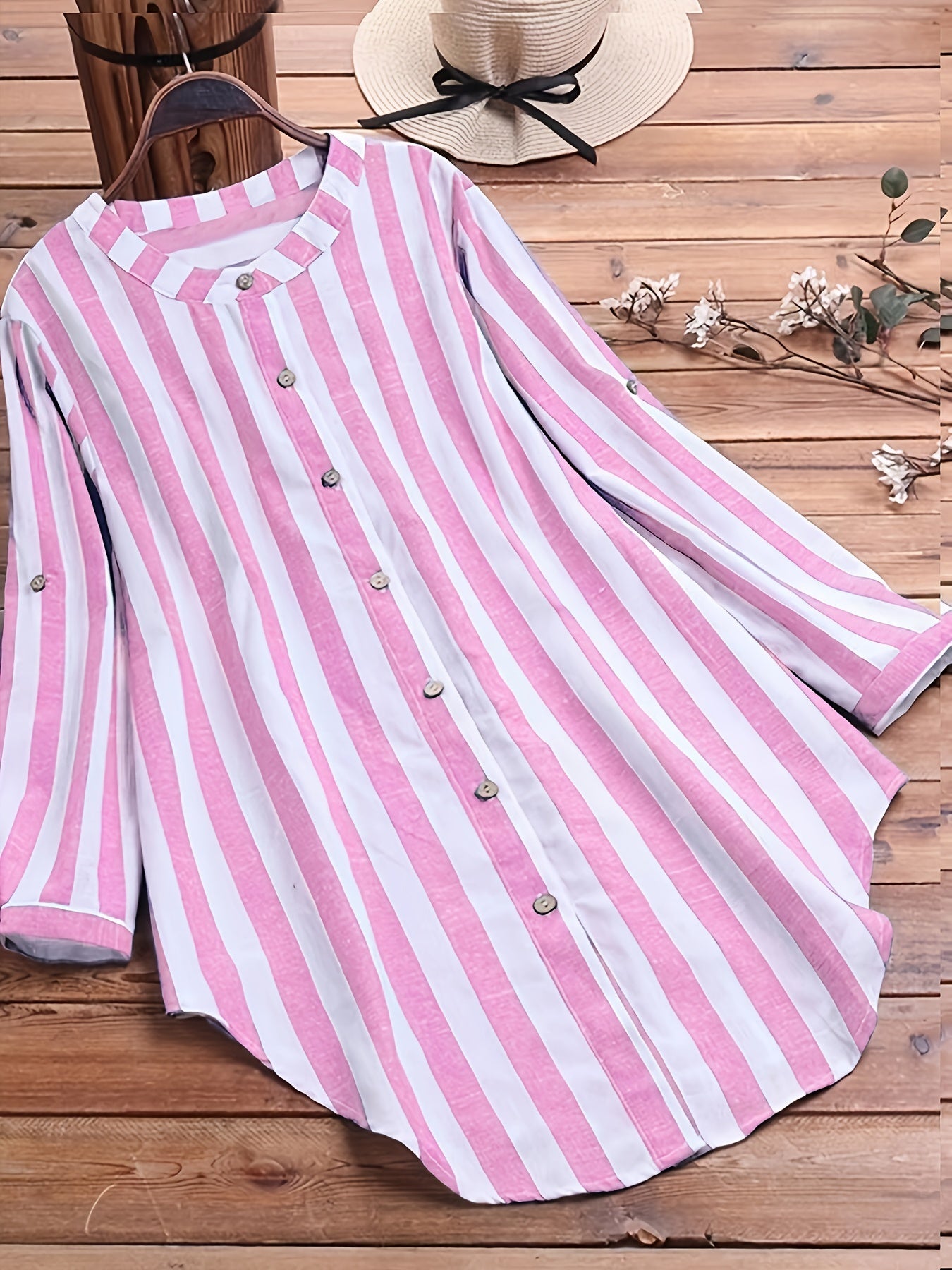 Plus Stripe Print Button Up Round Neck Long Sleeve Blouse