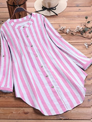 Plus Stripe Print Button Up Round Neck Long Sleeve Blouse