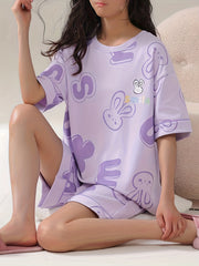 Bunny & Letter Print Pajama Set Top & Shorts S