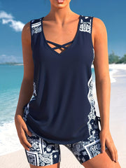 Boho Tankini Set Paisley Lace Up Side Tank Top & Shorts Swimsuit