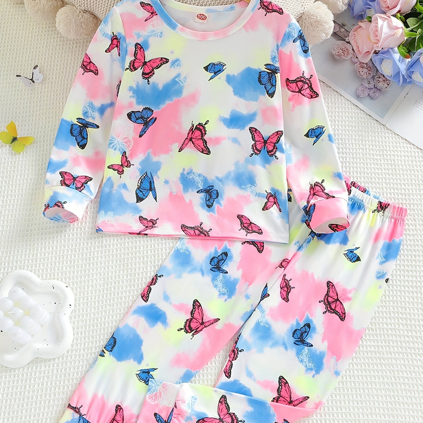 Kid's Butterfly Tie dye Print Pajama Set Long Sleeve Top & Elastic Waist Pants
