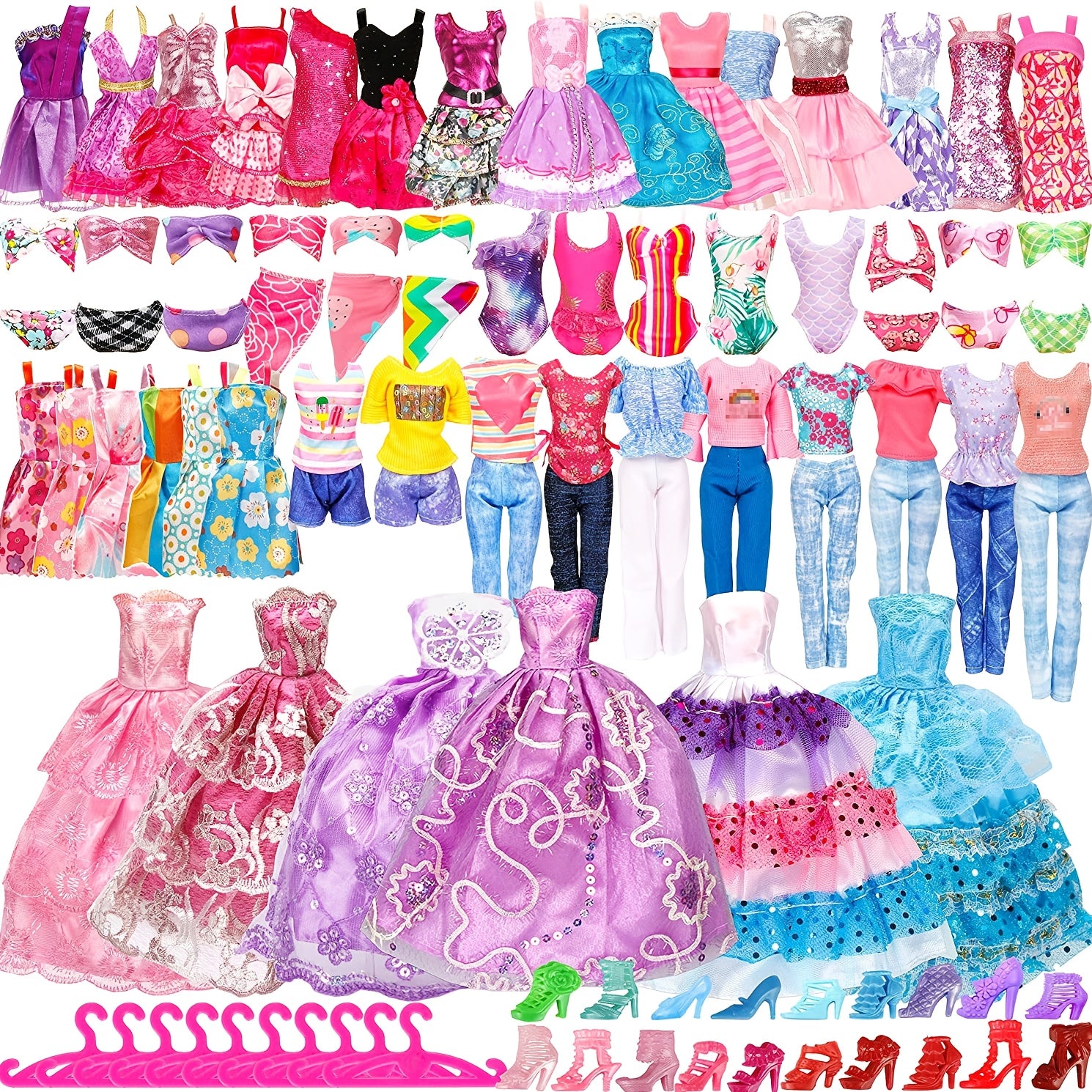 50pcs Doll Clothes & Accessories Wedding Dress Bikini Swimsuit Shoes Hangers