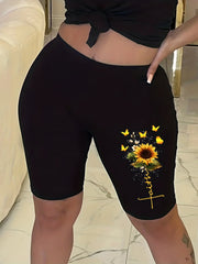 Sunflower Print Biker Shorts High Waist Leggings