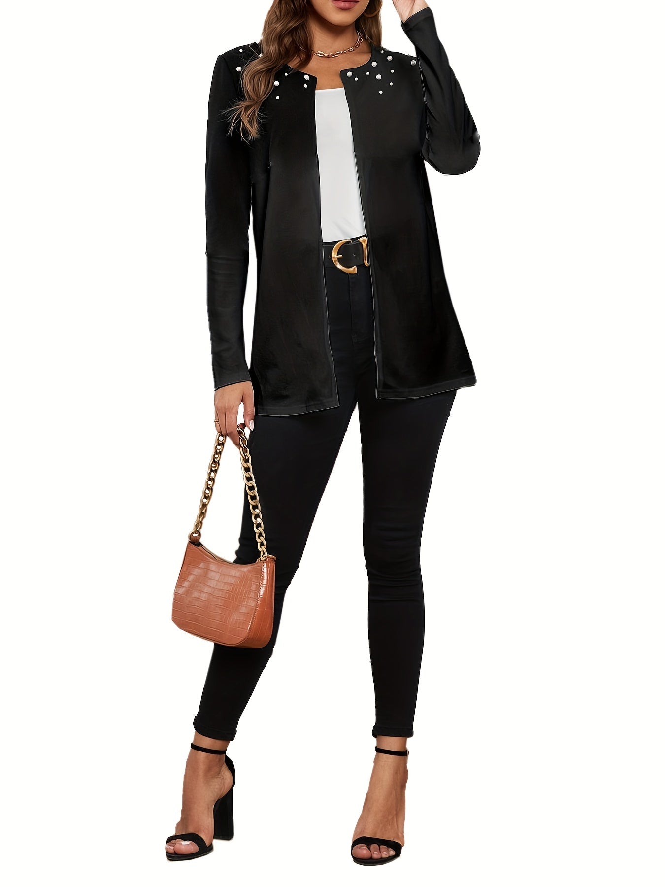 Beaded Collarless Jacket Casual Outerwear