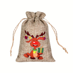 6pcs Christmas Candy Bags Set Drawstring Linen Bag for Holidays
