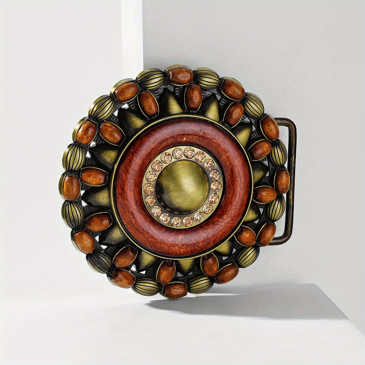 Vintage Golden Turquoise Belt Buckle Boho Beads Round Cowboy Cowgirl Belt