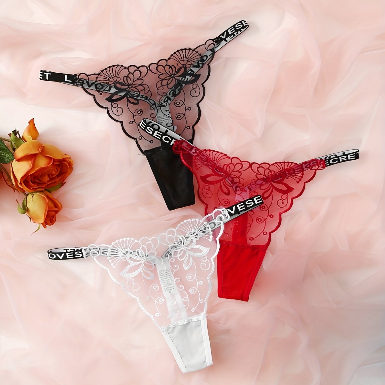 3pcs Lace Mesh Thongs Sheer Letter Tape Intimates Panties