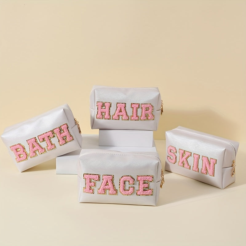 Preppy Letter Patch Makeup Bag Cosmetic Toiletry Bag Zipper Pouch