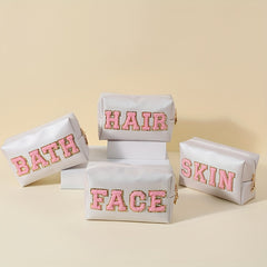 Preppy Letter Patch Makeup Bag Cosmetic Toiletry Bag Zipper Pouch