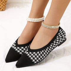 Women's Houndstooth Knit Flat Shoes Pointed Toe Slip-On Ballet Flats