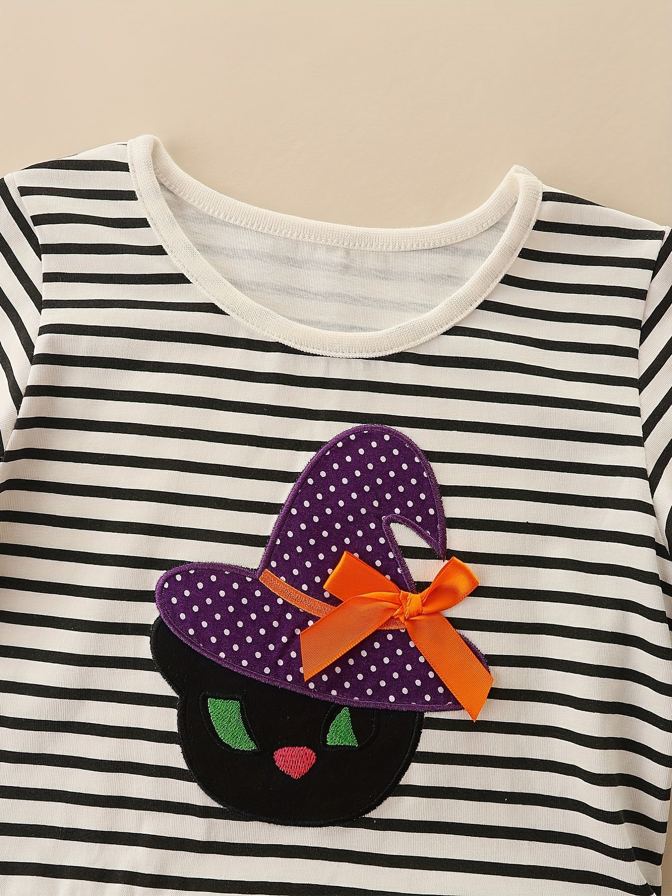 Halloween Witch Embroidered Striped Dress for Toddler Girls
