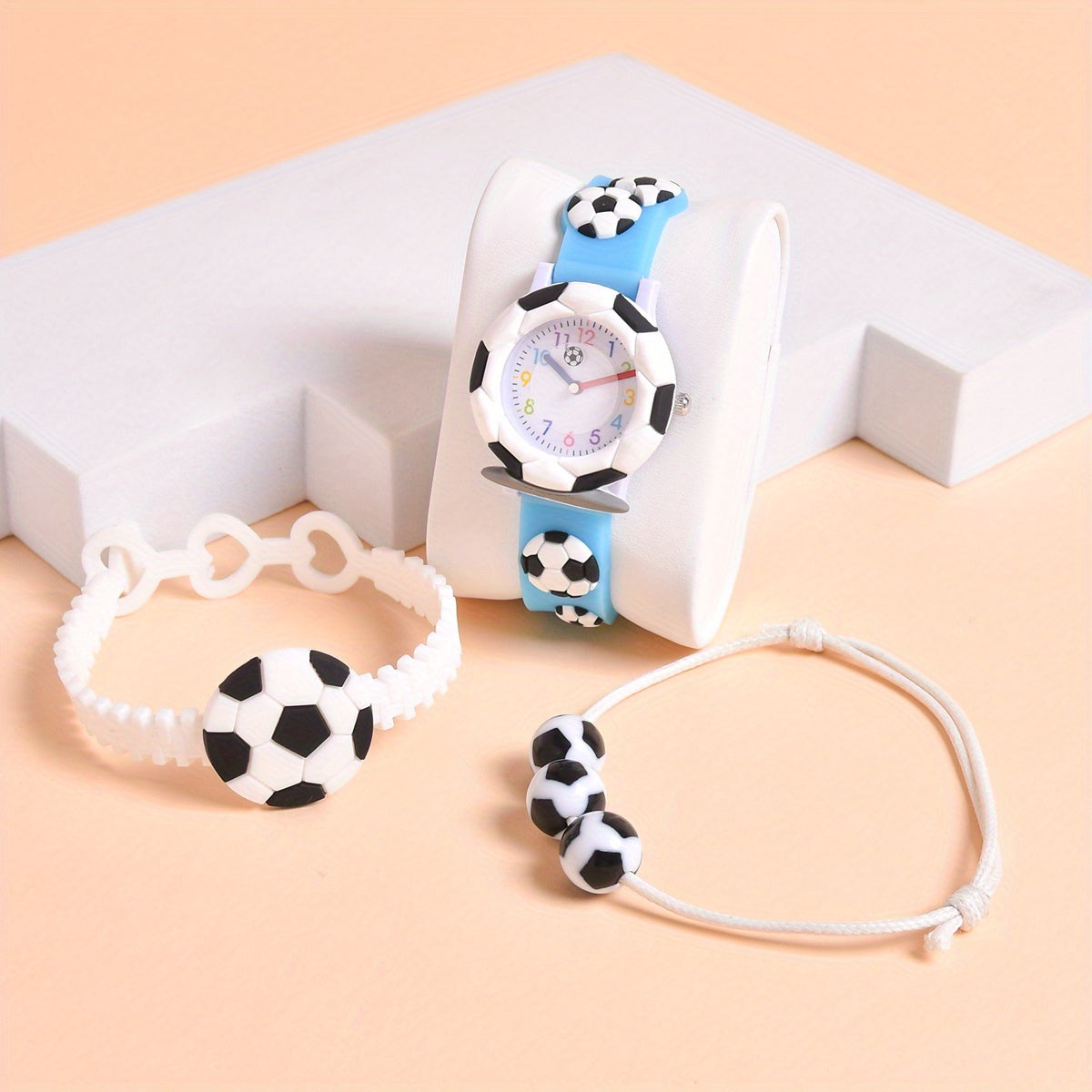 3pc Set 3D Cartoon Football Silicone Strap Boys' Quartz Watch