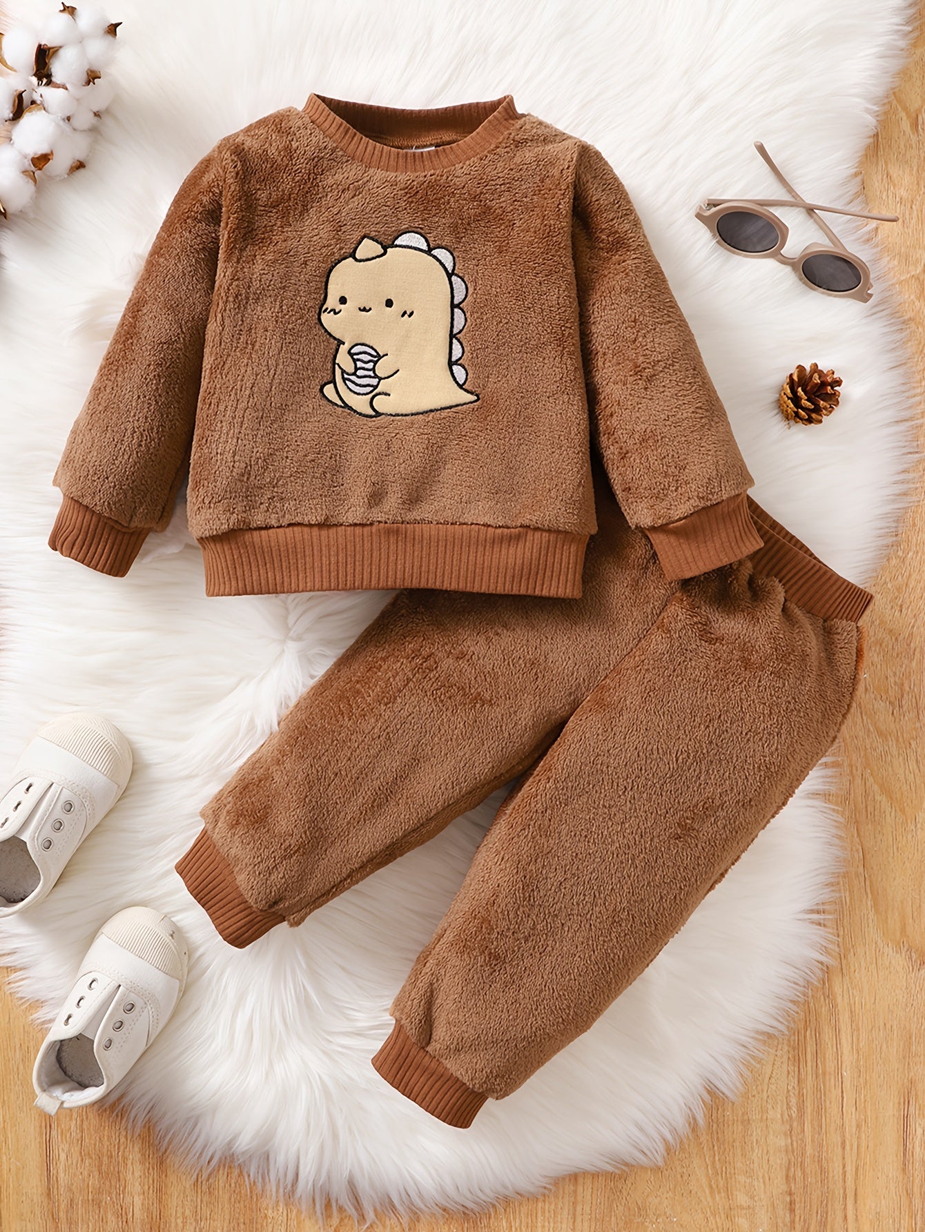 Boys Dinosaur Embroidery Long Sleeve Pullover Top Trousers Set