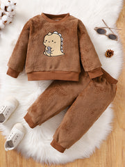 Boys Dinosaur Embroidery Long Sleeve Pullover Top Trousers Set