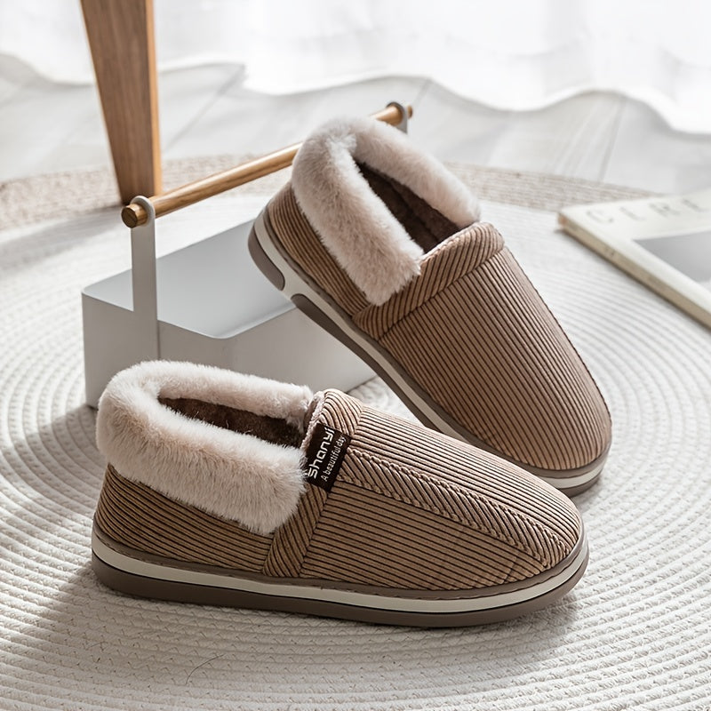 Men's Cozy Fleece Striped Slippers Non-slip House Shoes