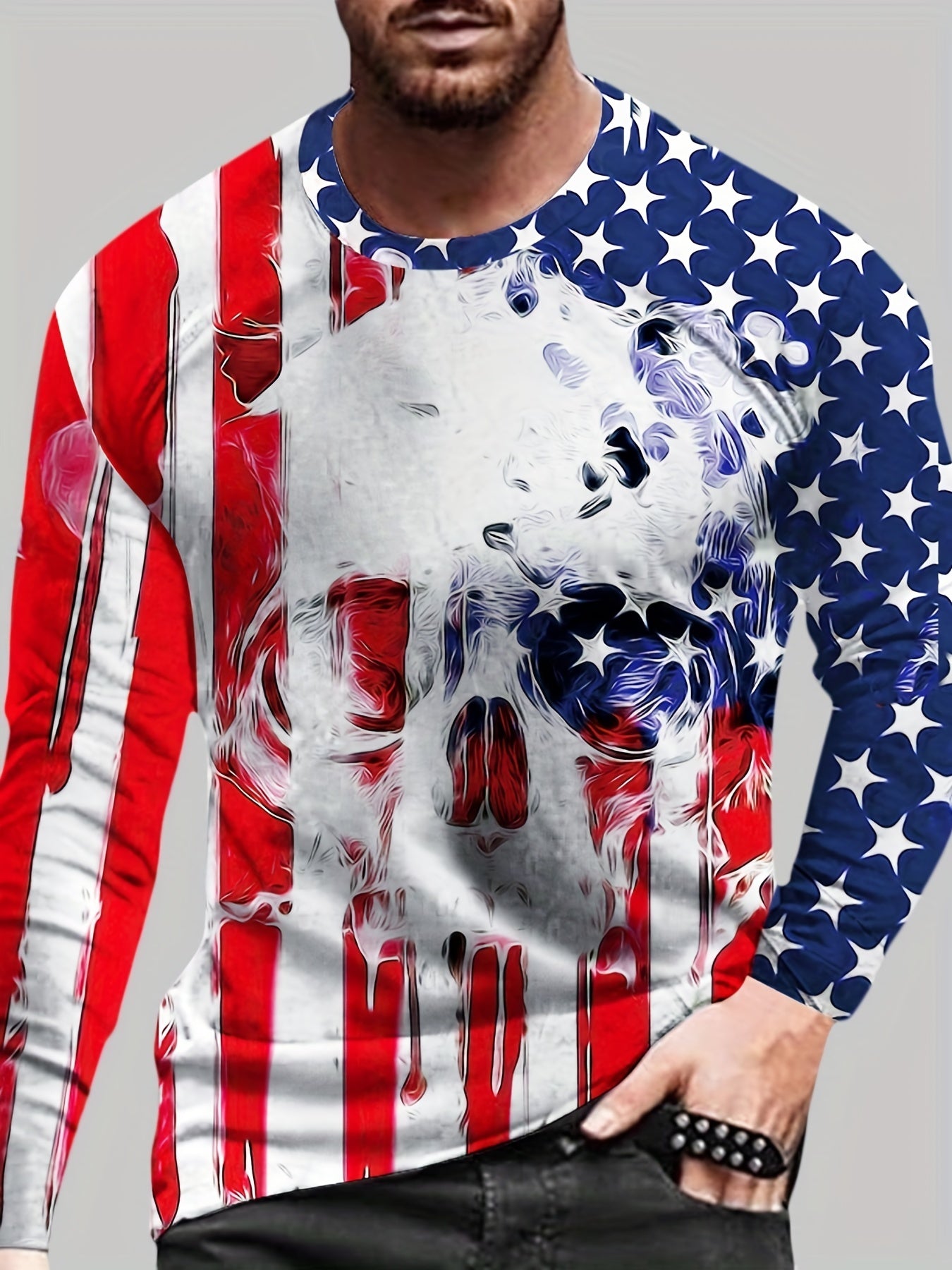 Skull & Flag Print Men's Long Sleeve T-shirt