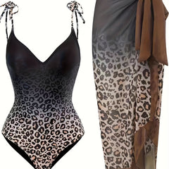 Leopard Print V Neck One Piece Swimsuit Set with Coverup Skirt
