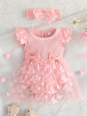 2pcs Baby Girls Butterfly Bowknot Onesie Dress & Headband Set