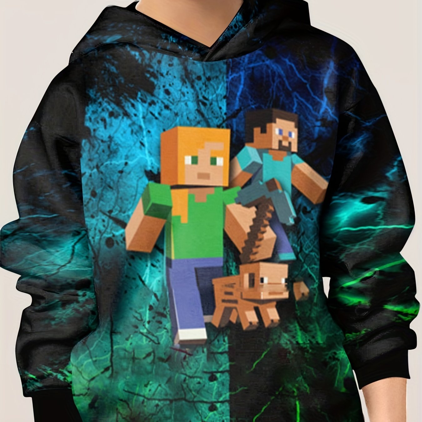 Pixel Human And Dog Print Boy's Hoodie - Long Sleeve Loose Hooded Sweatshirt