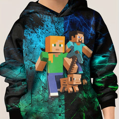 Pixel Human And Dog Print Boy's Hoodie - Long Sleeve Loose Hooded Sweatshirt