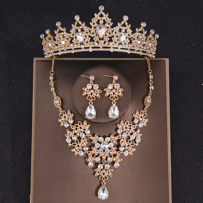 Baroque Silver Crystal Bridal Jewelry Sets Tiara Crown Earrings Necklace Set